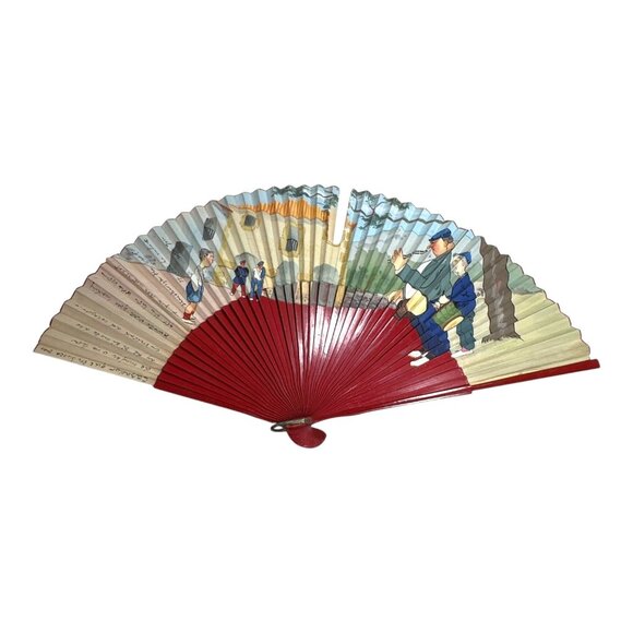 Hand painted Spanish Paper Folding Fan Red Wood Handle Handwritten Poem 17" READ - Picture 1 of 7